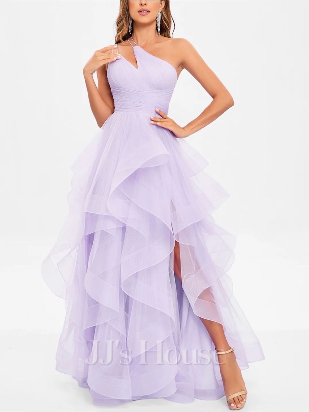 JJs House Lavender One-Shoulder Ruffled Evening Gown